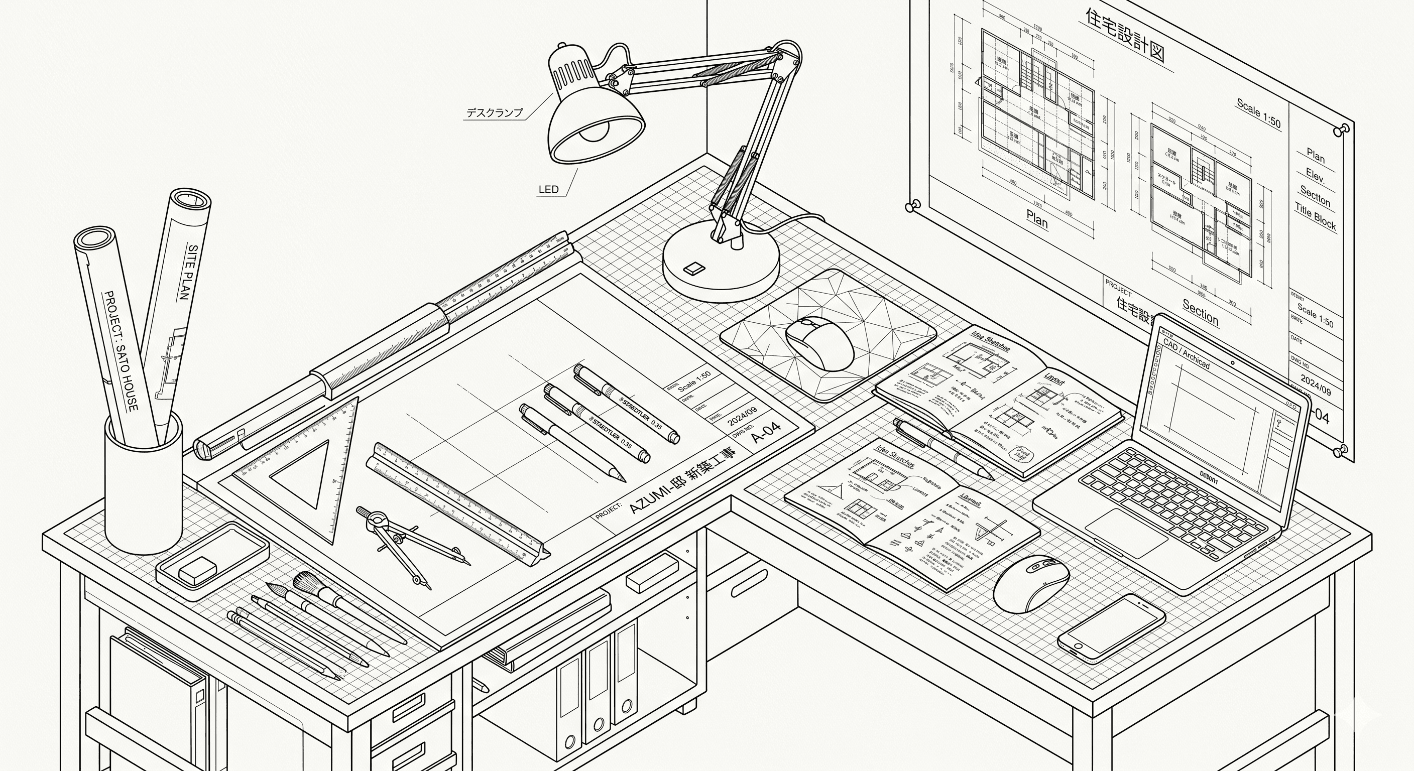 建築士の机を俯瞰した軸測投影図。製図用具、図面ロール、デスクランプ、ノートPC、壁面の住宅設計図が描かれている。