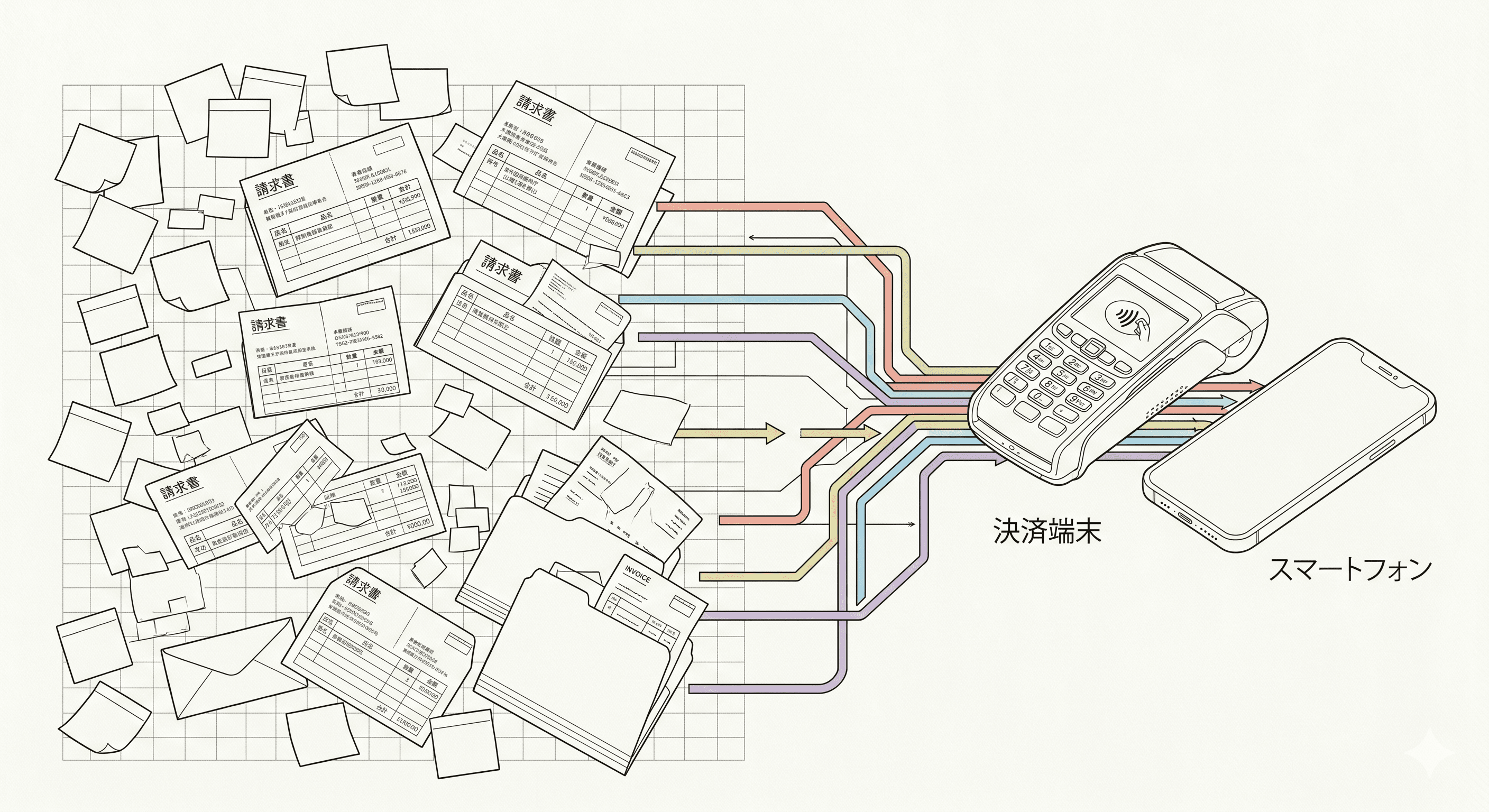 散らばった請求書・付箋・封筒が、色付きの矢印で結ばれ決済端末とスマートフォンへ流れていく軸測投影図