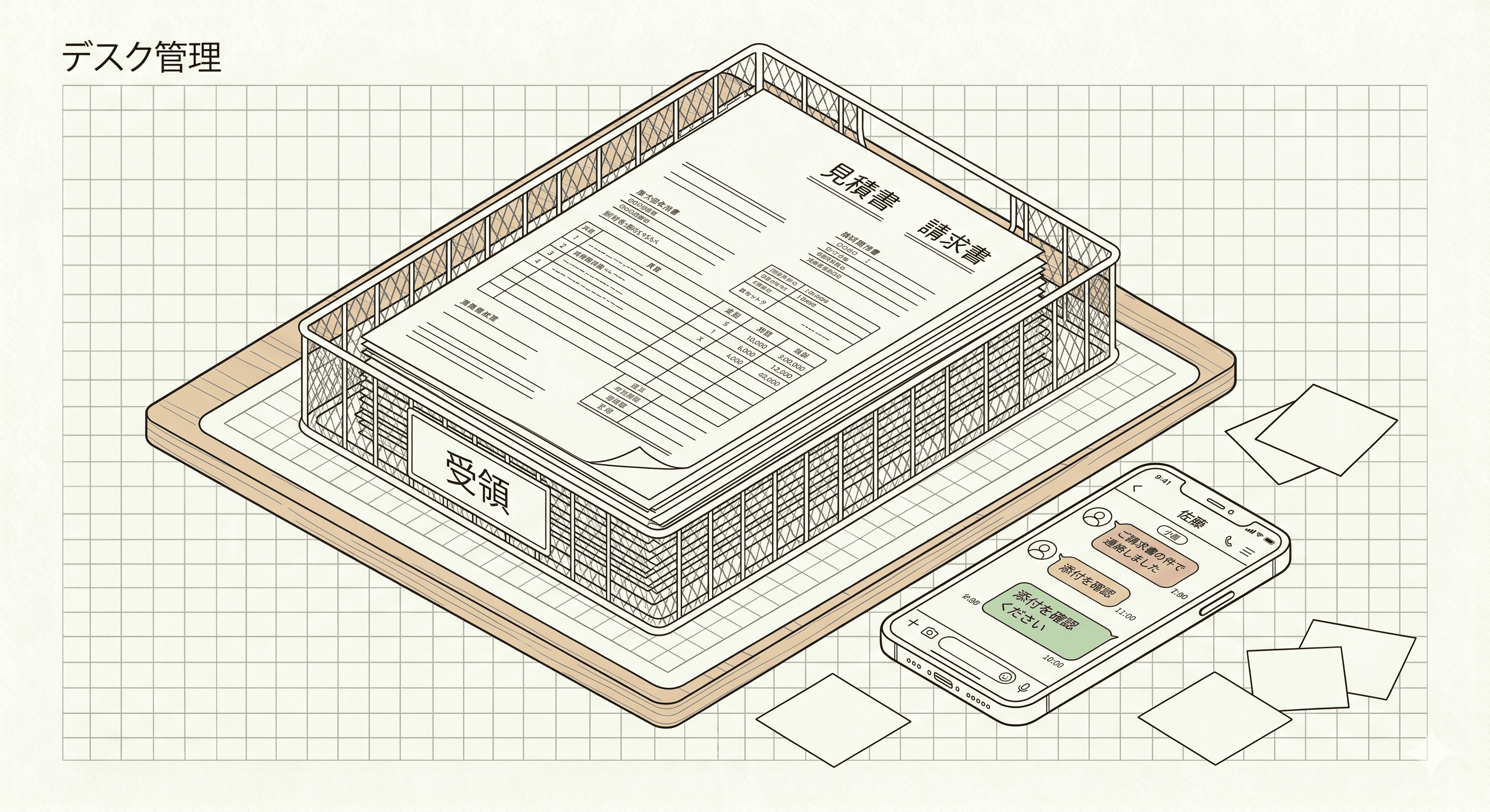 「受領」と書かれたトレイの上に積まれた見積書と請求書、横にLINEバブルが見えるスマートフォンの軸測投影図